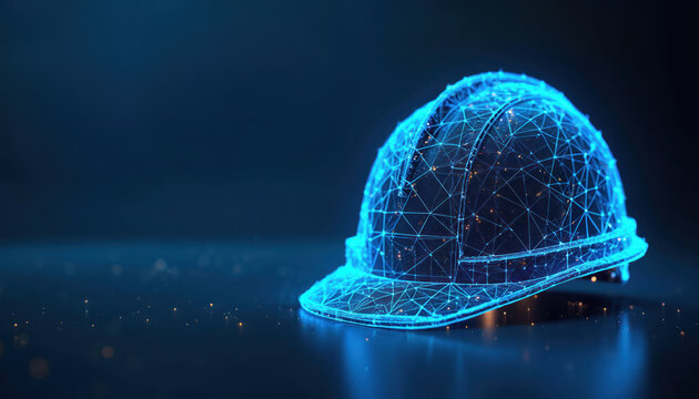 Futuristic hard hat made of glowing blue lines and points. Abstract digital network structure symbolizes innovation and work safety. Modern tech equipment on dark background.