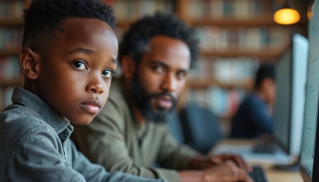 Young black boy and man focus on computer screens in library. People learn tech skills, read books, work on digital projects together. Education and mentorship shown.