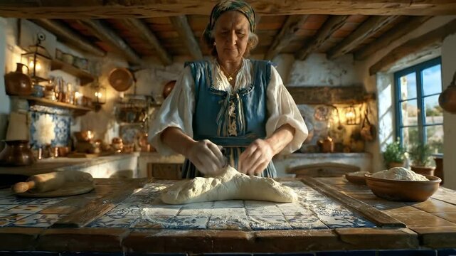 Woman kneads dough on wooden table in bright kitchen. Natural light highlights cozy rustic setting, showcasing traditional baking process. Concept of baking, cooking classes, culinary arts