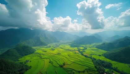 Naklejka premium Terraced green rice fields cascade down mountains under a bright blue sky with fluffy clouds. Sun shines on vast farmland valley. Lush vegetation covers hilly landscape.