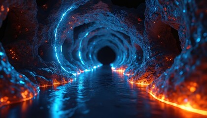 Fototapeta premium Abstract tunnel with glowing blue and orange lights. Water reflects the neon glow in this futuristic cave pathway. Dark abyss awaits at the end of the tunnel.