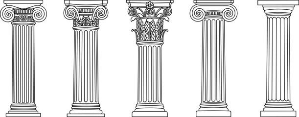Classic Greek and Roman Architectural Column Set, Antique Pillar Outline Flat Vector Illustration