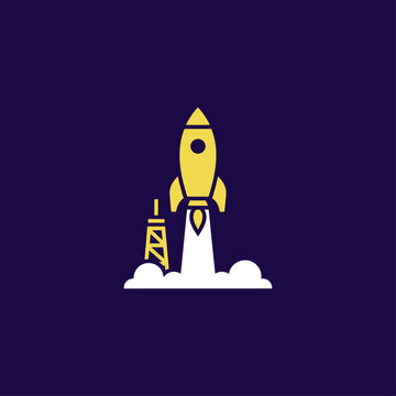 Space exploration rocket launch icon flat vector design.