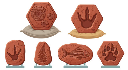 Collection of ancient fossils displayed on various stands, showcasing diverse species and imprints from prehistoric era. © Adam