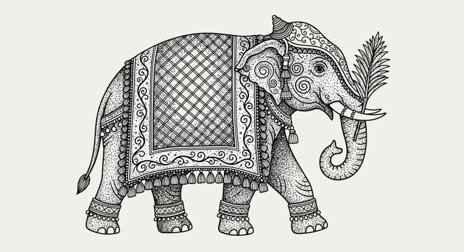 Ornate elephant illustration adorned with traditional Indian patterns and floral motifs on its decorated caparison and trunk