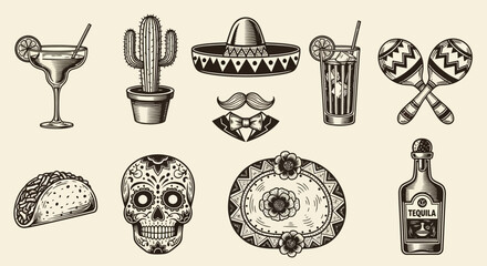 Vibrant Mexican Fiesta Icons Featuring Sombrero, Cactus, and Skull Illustrations © Adam