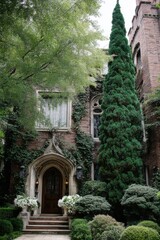 Fototapeta premium Tall green tree stands in front of brick building with ivy and well-kept bushes in a garden during daytime near a large door