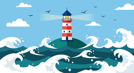 A red and white lighthouse stands on a rocky island surrounded by turbulent ocean waves and a serene sky © Adam