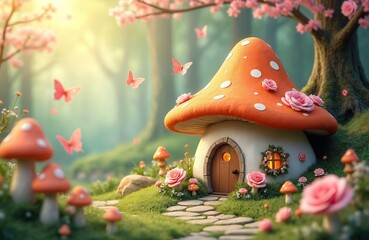 Naklejka premium Cute fantasy mushroom house sits in enchanted forest garden with blooming roses, flying butterflies. Stone path leads to wooden door on whimsical dwelling surrounded by nature elements, soft sun