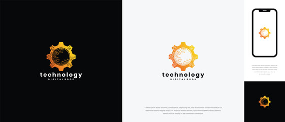 Global Technology Gear Logo Design - Digital World Tech Icon for Business and Apps.