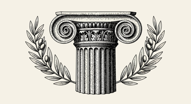 An ornate Ionic column capital surrounded by laurel wreaths in a classical illustration
