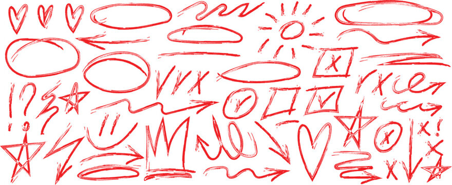 Hand drawn oval shapes and scribble crayon. Crayon drawn doodle shapes, check marks, crown and arrows collection checkbox, checklist, tick and cross signs, drawn concept