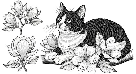 Black and white cat resting among magnolia flowers and leaves, illustrated in detailed line art © Adam