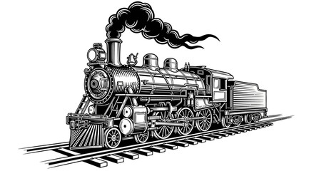 Vintage steam locomotive illustration on railway tracks with smoke emission © Adam