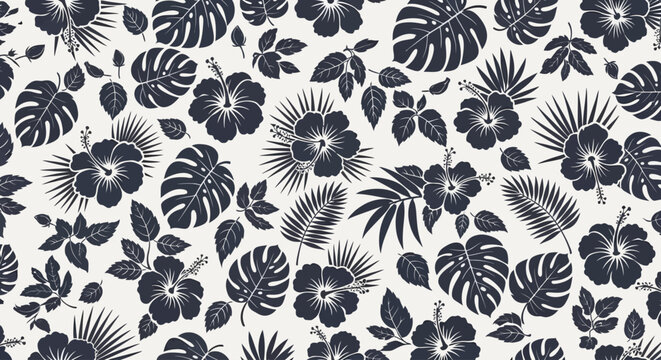 A serene arrangement of various tropical leaves and flowers in a repeating pattern from an overhead viewpoint
