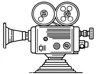 Obraz premium Detailed monochrome film camera illustration with reels, lens, and base
