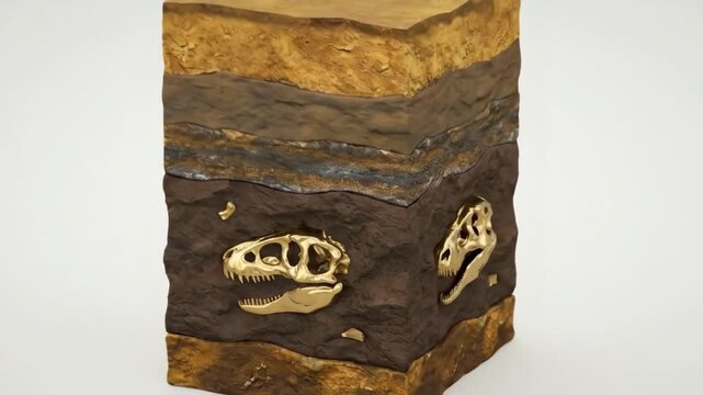 Educational 3D isometric render of soil layers with prehistoric fossils