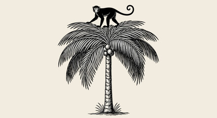 A monkey perched on a palm tree, illustration, tropical scenery from a frontal viewpoint © Adam