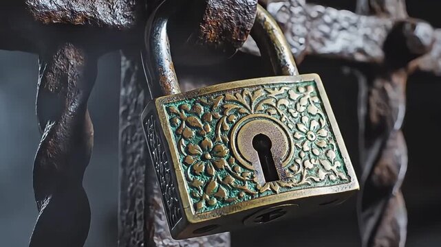 Vintage Ornate Brass Padlock Hanging on Antique Wrought Iron Gate, Close-Up of Engraved Floral Lock and Keyhole, Security and Mystery Concept