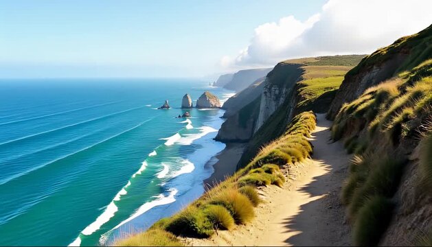 Cliffside trail overlooking endless ocean horizons 