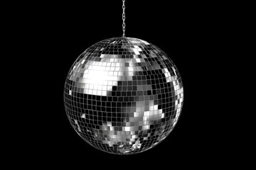 Shiny disco ball hanging in dark club interior with reflections