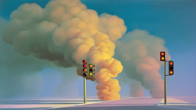 Traffic lights in surreal landscape with colorful smoke and empty road