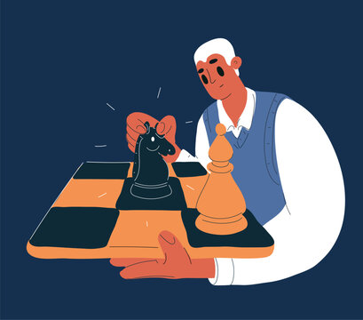 Cartoon vector illustration of a man thinking over a chess move, symbolizing strategy, planning, and decision making