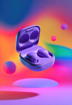 Purple wireless earbuds in charging case on colorful gradient background