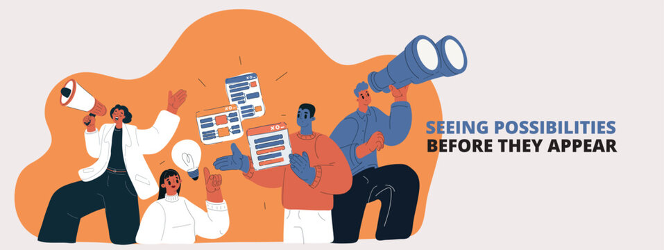 Cartoon vector illustration of a team using binoculars, charts, and a megaphone, symbolizing observation, analysis, and coordinated action