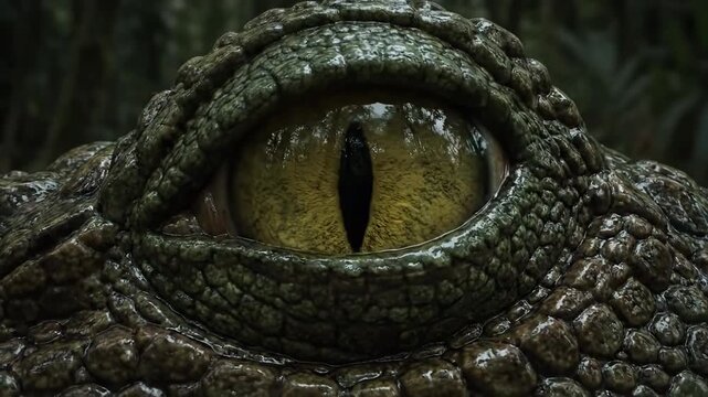 Intense cinematic macro shot of a primal alligator eye watching closely