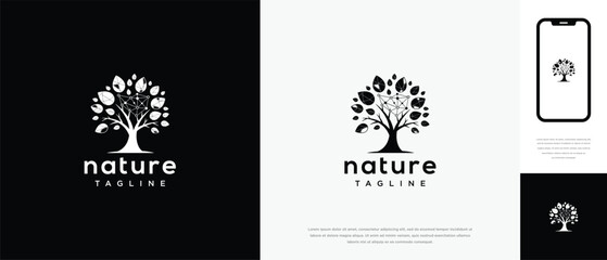 Nature Tree Logo Design with Leaves and Fruits for Organic Eco Health Brands.