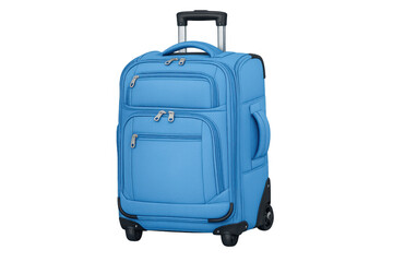 Blue softside carry-on luggage with extendable handle and wheels, ready for travel and vacations on transparent background