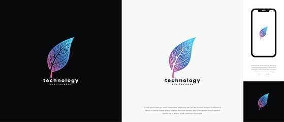 Digital Leaf Technology Logo Design. Modern Eco Tech Brand Symbol with Blue Purple Gradient.