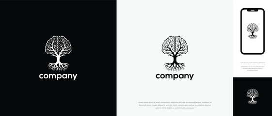 Brain Tree Logo Design Mind Growth Knowledge Education and Digital Innovation Concept.