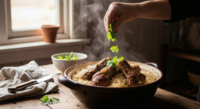 Goat Mandi Rice With Fresh Cilantro In Rustic Farmhouse Kitchen