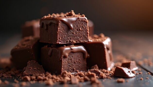 Rich chocolate fudge pieces stacked together. Melted chocolate drips down sides. Crumbled cocoa dust covers surface. Delicious dessert sweet treat for any occasion.