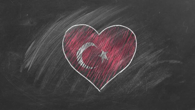 National flag of Turkey in heart shape  drawn with colored chalk on a blackboard. Turkish language, learning Turkish.