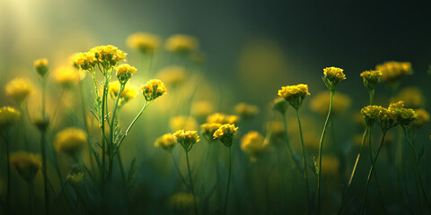 Fototapeta premium Close-Up View of Small Yellow Wildflowers in A Meadow Bathed in Soft Ethereal Sunlight