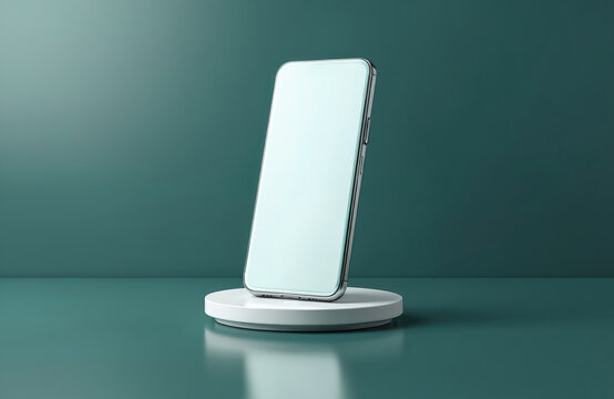 Minimalist 3D render of modern smartphone on white stand against teal backdrop. Clean, blank device perfect for branding app mockups, offering versatile design possibilities for tech promotions.