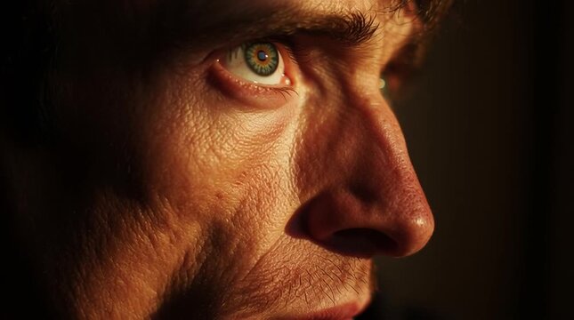 Close-up portrait with face half-lit by warm light and half in cold shadow, visualizing inner emotional conflict through dramatic split lighting.
