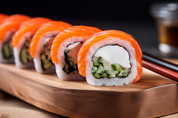 Salmon sushi roll with cream cheese and cucumber filling Philadelphia style sushi roll topped with fresh salmon Fresh salmon roll served in modern restaurant style © Mykhailo Feriukov