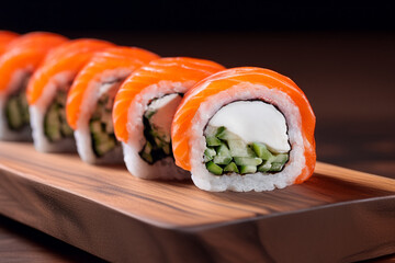 Salmon sushi roll with cream cheese and cucumber filling Philadelphia style sushi roll topped with fresh salmon Fresh salmon roll served in modern restaurant style © Mykhailo Feriukov