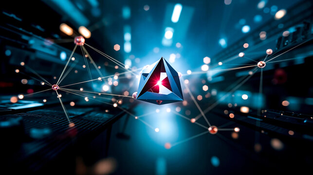 A 3D rendering of a red and blue ether logo on a dark background