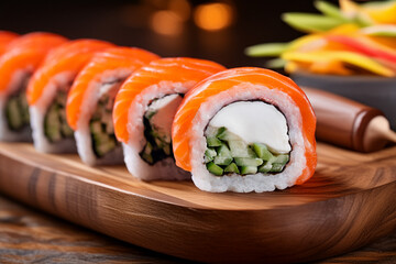 Salmon sushi roll with cream cheese and cucumber filling Philadelphia style sushi roll topped with fresh salmon Fresh salmon roll served in modern restaurant style © Mykhailo Feriukov