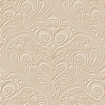 Luxury 3D embossed Art Nouveau seamless pattern. Beige emboss textured damask ornament with elegant relief line art swirls and fluid floral curves. Sophisticated bas-relief endless vector texture.