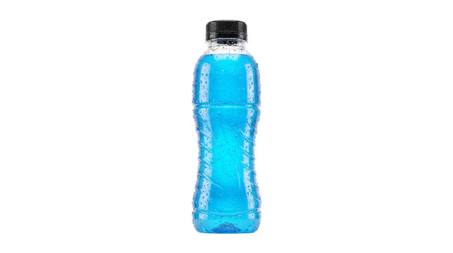 Isolated clear plastic bottle filled with refreshing bright blue electrolyte sports beverage featuring condensation droplets and a black cap on transparent background