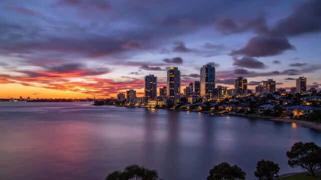 City skyline at sunset with calm water and vibrant sky