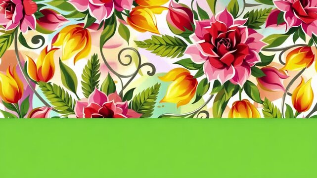 Floral pattern with vibrant flowers and green border on white