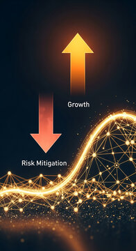 Image with upward and downward arrow, "growth" and "risk mitigation" text. Illustration showcases financial strategy, representing increase and decrease