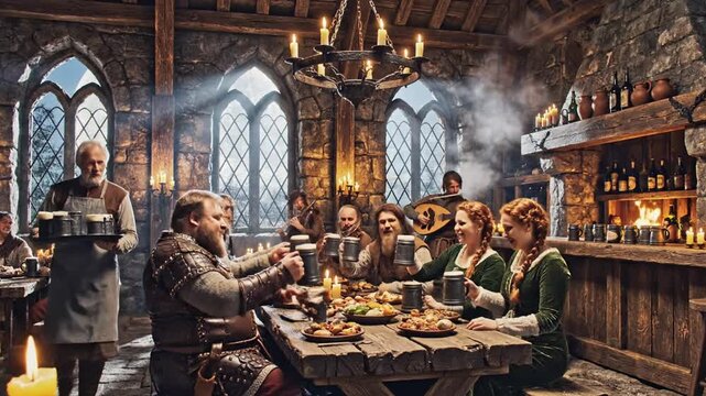 People enjoying food at a medieval wooden table in a candlelit tavern